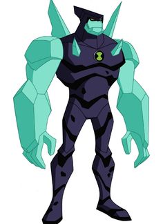 an animated character in blue and black with green eyes, holding his arms out to the side