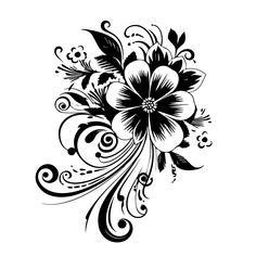 a black and white flower with swirls on it's side, in the shape of an abstract design