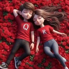 two dolls are laying in the middle of red roses with their heads together and arms around each other