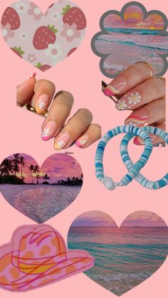 various images of different types of nail polish and accessories on a pink background with the sun setting in the distance