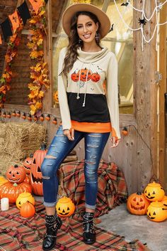 Cowl Neck Pumpkin Print Color Block Halloween Sweatshirt Fall Hooded Sweater With Letter Print, Long Sleeve Sweater With Letter Print For Fall, Fall Sweater With Letter Print And Long Sleeves, Orange Long Sleeve Sweatshirt For Winter, Stretch Long Sleeve Halloween Tops, Stretch Sweater With Letter Print For Fall, Stretch Long Sleeve Sweatshirt For Fall, Fall Long Sleeve Stretch Sweatshirt, Fall Stretch Long Sleeve Sweatshirt