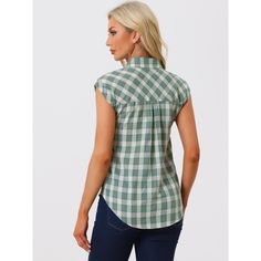 Look no further than this stylish short-sleeved plaid button-down shirt. The relaxed fit and turned-up sleeves make it a perfect choice for casual weekend outings, while the point collar and button closure front give it a touch of sophistication for more formal occasions. The plaid print and buttoned sides add a fun, playful element to this versatile piece. Whether you're running errands, meeting friends, or attending a party or church service, this shirt is sure to become a go-to favorite. Pair Summer Plaid, Linen Short, Plaid Shorts, Shop Blouses, Red Blouses, Western Shirts, Floral Shirt, Linen Women, Red Plaid