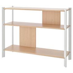 a white and wood shelf with three shelves