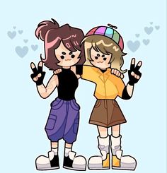 two cartoon girls standing next to each other with their hands in the air and one holding up