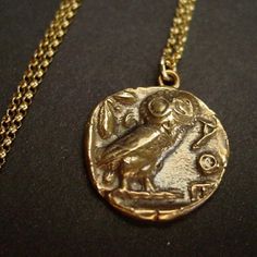 Athena Owl - Ancient Greek Coin Reproduction - Greek Coin Necklace - Greek Mythology Percy Jackson Apollo, Antique Cameo Jewelry, Athena Owl, Ancient Greek Coin, Tarpon Springs, Greek Coins, 18k Gold Chain, Copper Coins, Cameo Jewelry