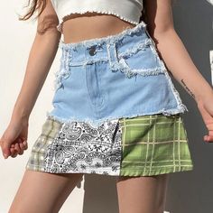 Y2K Denim Skirt Metallic Platform Heels, Y2k Denim Skirt, Outfit Ideas Male, Skirt Patchwork, Black Denim Mini Skirt, Patchwork Denim Skirt, Y2k Kawaii, Cool Outfit Ideas, Women Bottoms