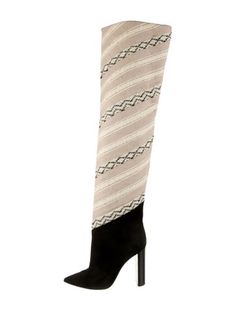 Saint Laurent Canvas Over-The-Knee BootsNeutralsPrintedPointed-ToesWrap-Around StrapsFit: This style typically runs a half size small. Designer Fitted Knee-high Boots, Designer Fitted Beige Boots, Luxury Fitted Beige Boots, Saint Laurent Women, Saint Laurent Boots, Printed Boots, Boot Print, Women Boots, Chanel Shoes