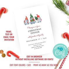 a christmas dinner flyer with candy canes and candies on the table next to it