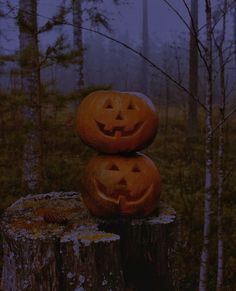 two carved jack o lantern pumpkins sitting on top of a stump in the woods