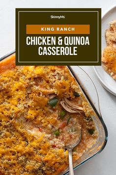 chicken and quinoa casserole in a baking dish with a serving spoon