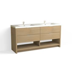 the double sink vanity is made from wood and has two white sinks on each side