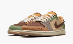 The Air Jordan 1 Low “Voodoo” is a special New Orleans-inspired colorway of the classic sneaker that was released alongside basketball star Zion Williamson’s Nike Zion 2 of the same nickname.  The “Voodoo” theme is undoubtedly inspired by voodoo dolls, a fixture of New Orleans’ lore.  A mismatched color block highlights the shoe’s singular appearance.  Specifically, beige-colored suede is found on the mid-panel and brown suede appears on the perforated toe.  Burlap-like overlays are designed in Logo Wings, Campus Adidas, Jordan 11 Women, Jordan 1 Lows, Adidas Sl 72, Lv Sneakers, Zion Williamson, Adidas Spezial, Wings Logo