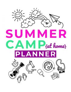 the summer camp flyer is shown in pink, green and purple colors with icons on it