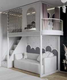 a white loft bed sitting under a window next to a stair case in a bedroom