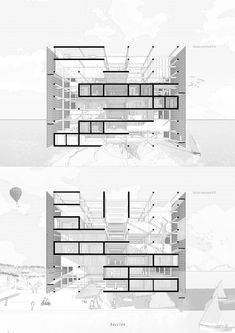 two diagrams showing the different sections of a building with stairs and balconies on each side