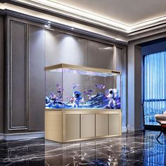 a fish tank sitting on top of a black marble floor next to a chair and window