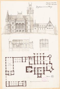 an old drawing of some type of building with different architectural styles and designs on it