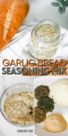 garlic bread seasoning mix in a glass bowl and on a white plate next to a loaf of bread