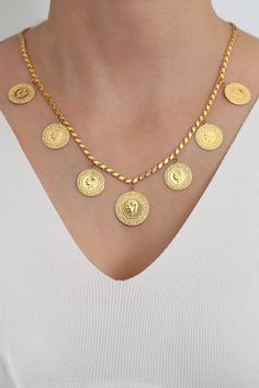 "* Gold KT: 14K Solid Gold * Gold Color: Yellow Gold * Chain lengths: Adjustable, 16'' 18\", 20\" * The length of the chain in the photo is 18 inches. This necklace contains 6 Turkish 14K Quarter Gold Coins and 1 Turkish Half 14K Quarter Gold Coin.  Follow on Instagram - @bayargold.tr My Web Site - https://www.bayargold.com * Bayar Gold is a fine jewelry company. Please do not hesitate to ask us questions. We are always here to help you. * All items are packed in the high-quality jewelry box. Th Gold Coin Jewelry Pendants, Yellow Gold Coin Necklace With Chain Detail, Yellow Gold Coin Necklace With Chain, Turkish Design Gold Jewellery, Turkish Jewellery Gold, Turkish Gold Jewelry, Gold Monogram Necklace, Gold Coin Jewelry, Gold Coin Ring