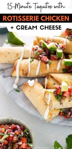 a white plate topped with crepes covered in toppings next to a bowl of salsa