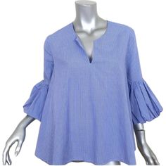 Petersyn Top Josette Blue/White Mini Gingham Size Small Bell Sleeve Blouse. New With Tags. All Cotton. Made In Usa. Spring Plaid V-neck Blouse, Chic Gingham V-neck Blouse, Spring Gingham V-neck Top, Gingham V-neck Tops For Spring, Gingham V-neck Blouse For Summer, Spring Gingham V-neck Blouse, Plaid V-neck Blouse For Work, Bell Sleeve Blouse, Bell Sleeves