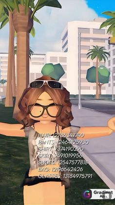 an animated girl with glasses is walking down the street in front of some palm trees