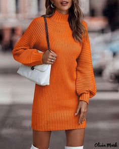 Olivia Mark - Stylish High Neck Lantern Sleeve Dress for Casual Occasions High Neck Sweater Dress, Chique Outfits, Outfit Chic, Solid Sweaters, Ladies Turtleneck Sweaters, Turtleneck Sweater Dress, High Neck Sweater, Estilo Chic, Long Sleeve Knit Sweaters