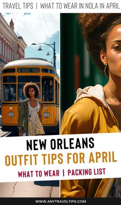 a woman standing in front of a yellow bus with the words new orleans's outfits for