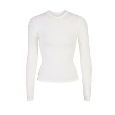 A form-fitting, ultra-flattering long sleeve tee that is perfect for everyday wear. Made of cool, comfortable stretch-cotton, this will be your new loungewear staple. | SKIMS Long Sleeve T-Shirt | White | Cotton Jersey Basic Tops Long Sleeve, Clothes Essentials, Single Clothes, Jersey Long Sleeve, White Long Sleeve Shirt, Basic Long Sleeve, Basic Shirts, Basic Outfits, Dream Clothes