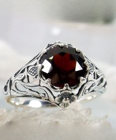 Natural Garnet Ring/ Solid Sterling Silver/ 1.6ct Natural Round Red Garnet Victorian Floral Daisy Filigree [Custom Made] Design#66 Ornate Round Ruby Ring, Red Victorian Filigree Ring For Anniversary, Ornate Garnet Round Rings, Red Vintage Filigree Ring With Gemstone, Ornate Round Garnet Rings, Red Victorian Filigree Ring With Gemstone, Ruby Ring With Intricate Design For Wedding, Wedding Rings With Intricate Garnet Design, Victorian Red Oval Filigree Ring