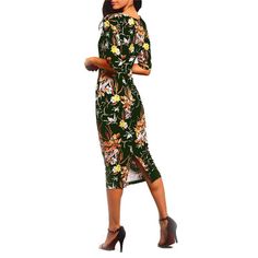 Sheath Dress With Flower Print - Zorket Fitted V-neck Dress With Floral Print And Notched Neckline, Stretch Knee-length Bodycon Dress With Floral Print, Floral Print Bodycon V-neck Midi Dress, Floral Print V-neck Bodycon Midi Dress, V-neck Bodycon Floral Print Midi Dress, Casual Stretch Floral Print Bodycon Dress, Green Bodycon V-neck Midi Dress, Green Floral Print Midi V-neck Dress, Fitted Floral Print V-neck Dress For Brunch