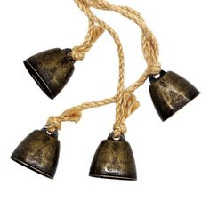 three metal bells hanging from a rope on a white background with the cord attached to it