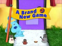 a blue dog standing in front of a purple door with a yellow banner that says a brand new game