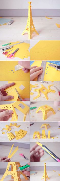 the step by step instructions to make an eiffel tower out of construction paper