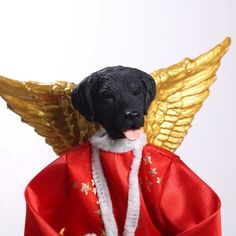 a black dog wearing a red robe and gold angel wings