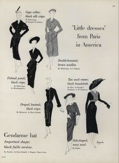 an old fashion ad from the 1950's shows different styles of dresses and hats