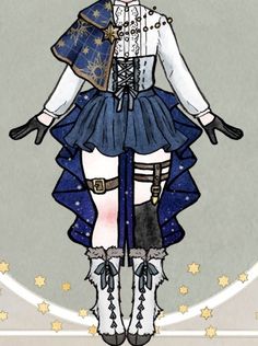 a drawing of a woman dressed in blue and white with stars on her head, wearing boots