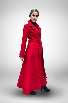 "Wool Coat Women, Black Victorian Coat, 70s Clothing Crafted in soft wool-cashmere, this beautiful red belted swing overcoat for women is an elegant cover-up this season. Cinched at the waist, this long winter coat will give any lady a stunning princess silhouette that is bound to turn heads! With this maxi satin-lined skin, cozy has never been so chic. And if that is not a genuinely royal treatment for an urban queen, honestly, I don't know what is, ladies! Crafted in soft winter wool cashmere, Victorian Coat, Winter Trench, Coat Elegant, 70s Clothing, Coat With Belt, Winter Trench Coat, Cashmere Fabric, Long Winter Coats, Wool Coat Women