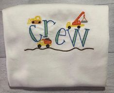 Construction Shirt, Kids Construction, Character Blankets, Monogram Baby Blanket, Construction For Kids, Big Sister Gifts, Construction Vehicle, Embroidered Shirts, Monogram Towels