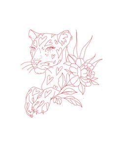 a drawing of a tiger with flowers on it's chest and eyes drawn in red ink