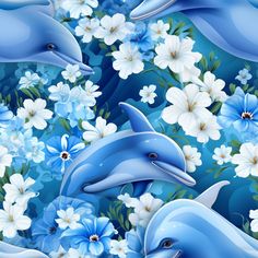 two dolphins and flowers on a blue background