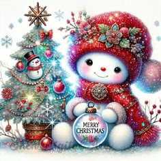 a christmas card with a snowman and a teddy bear next to a christmas tree