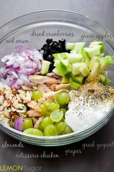 a glass bowl filled with different types of food