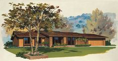 this is an artist's rendering of a house in the country side with trees and shrubs