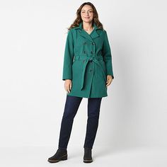 This Liz Claiborne women's softshell trench jacket is a versatile and stylish addition to your wardrobe for the cooler months. Made from a lightweight woven fabric for a fitted-fit, it features a notch lapel, long sleeves, two front slip pockets, a button-front, and a belted waist that accentuates the figure. Wear it with jeans and boots for a chic look.Features: BeltedClosure Type: ButtonFit: FittedPockets: 2 Front Slip PocketsSleeve Length: Long SleeveWarmth Factor: LightweightApparel Length:… Fitted Casual Raincoat For Fall, Green Raincoat For Winter Workwear, Green Winter Raincoat For Workwear, Green Winter Raincoat For Work, Trench Jacket, Soft Shell Jacket, Liz Claiborne, Green Jacket, Belts For Women