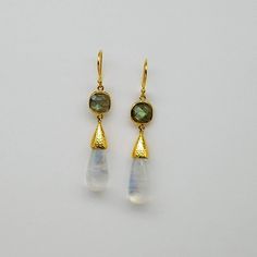 LABRADORITE MOONSTONE SPINEL EARRINGS Elegant Drop Labradorite Jewelry, Drop Moonstone Earrings With Natural Stones, Elegant Moonstone Earrings With Natural Stones, Elegant Moonstone Drop Earrings, Elegant Labradorite Drop Jewelry, Elegant Moonstone Earrings With Gemstone Accents, Teardrop Moonstone Earrings With Gemstone Accents, Handmade Yellow Gold Moonstone Earrings, Labradorite Gemstone Earrings