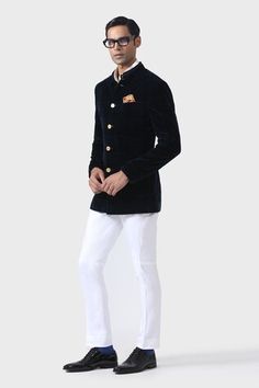 Navy bandhgala in velvet base with band collared neckline. - Aza Fashions Fitted Nehru Jacket For Reception In Winter, Fitted Velvet Traditional Wear For Festivals, Fitted Velvet Traditional Wear For Reception, Fitted Velvet Kurta For Wedding, Luxury Velvet Elegant Bandhgala, Formal Long Sleeve Velvet Sherwani, Royal Long Sleeve Fitted Bandhgala, Festive Velvet Fitted Sherwani, Elegant Long Sleeve Velvet Bandhgala