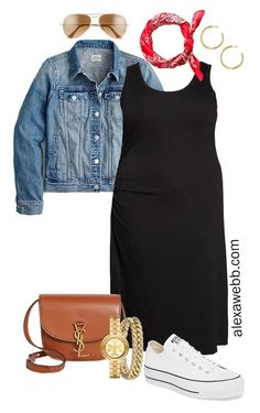 Plus Size Black Tank Dress Outfit for Spring and Summer with a Red Bandana, Denim Jacket, Tan Crossbody Bag, and White Platform Sneakers - Alexa Webb Plus Size Outfits For Summer, Casual Plus Size Outfits, Casual Capsule Wardrobe, Tank Dresses Outfit, Crochet Spring, Elegant Crochet, Look Plus Size