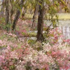 a painting of trees and flowers by the water