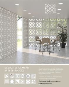 an advertisement for the design element breeze blocks, featuring chairs and tables in front of a wall